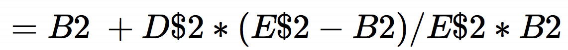 Formel für die Tabellenkalkulation: = B2  + D$2 * (E$2 - B2 ) / E$2 * B2