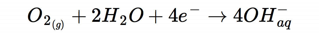O2 + 2 H2O + 4e- ---> 4 OH-