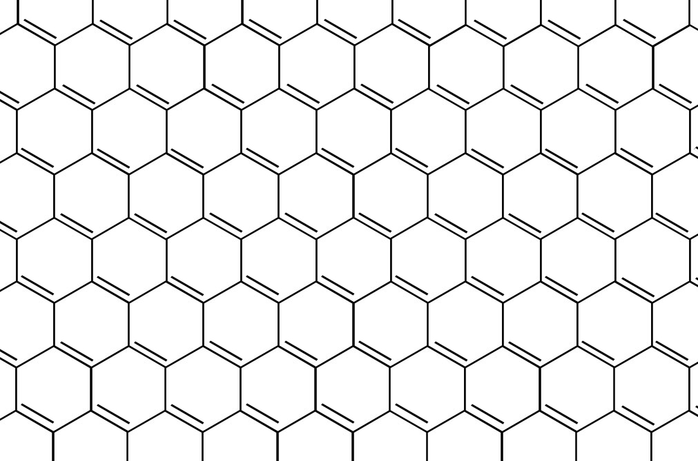 Ein Graphit-Gitter von oben. Man sieht eine Vielzahl von regelmäßig angeordneten Sechsecken, ähnlich wie bei einer Bienenwabe.