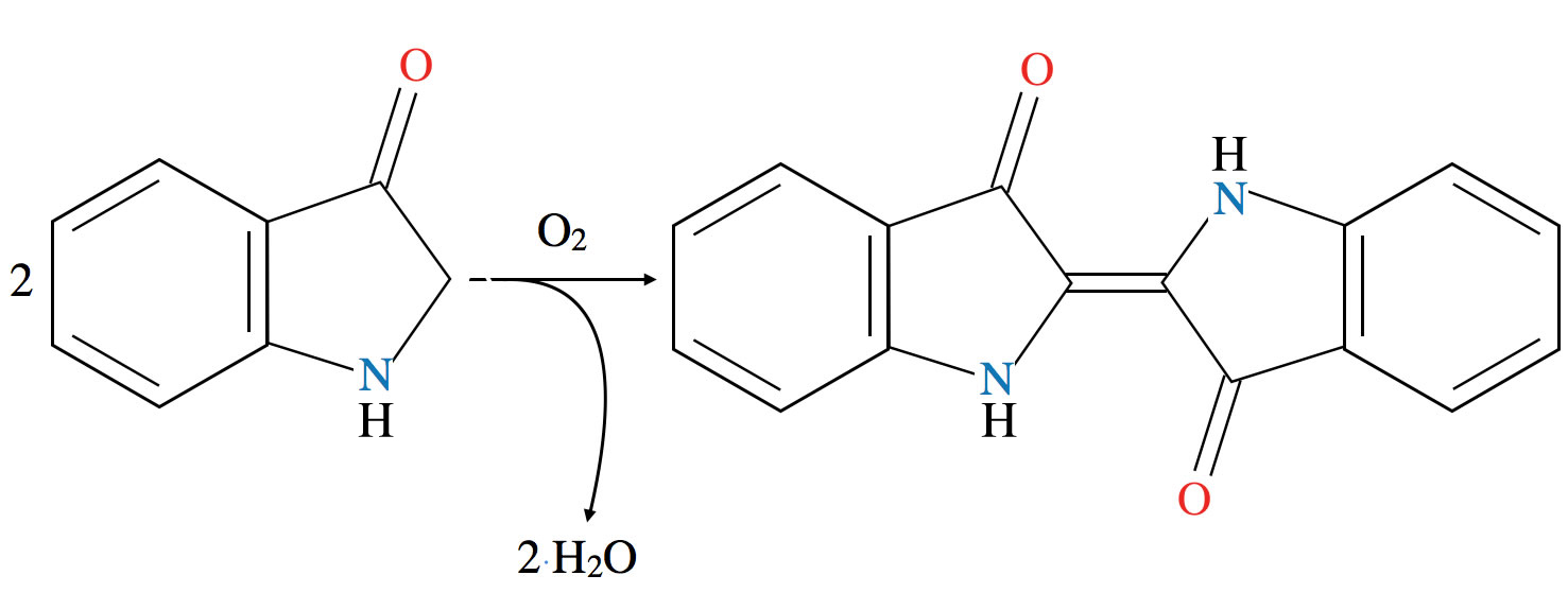 Oxidation des Indoxyls zu Indigo. Dabei wird ein O2-Molekl bentigt, und zwei Wasser-Molekle werden freigesetzt.