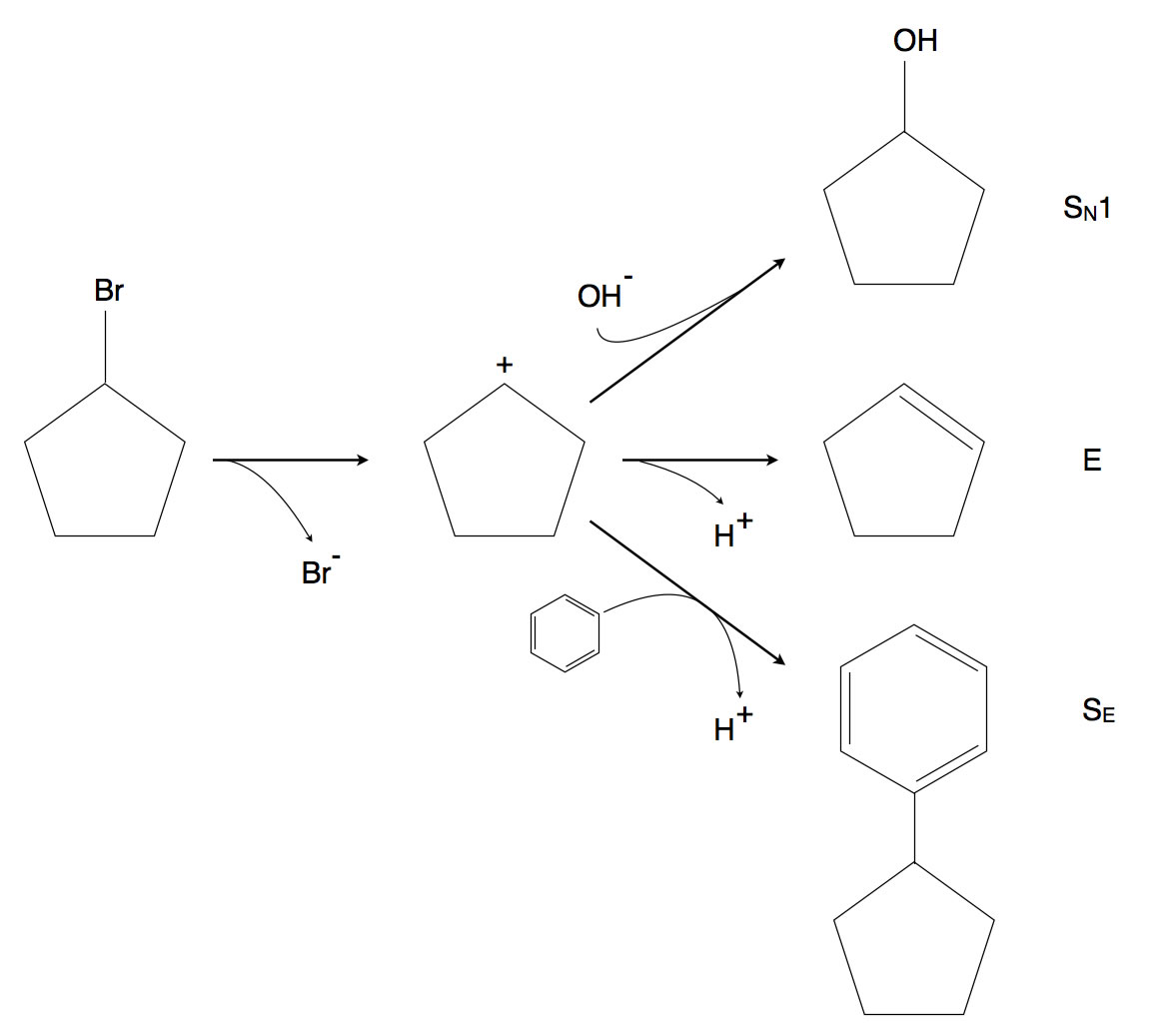 Die drei Reaktionsmöglichkeiten eines Carbenium-Ions