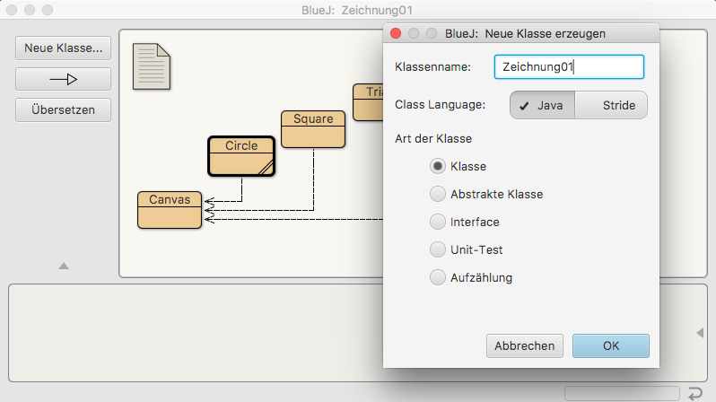 Erzeugen einer neuen Klasse in BlueJ wie im obigen Text besprochen.