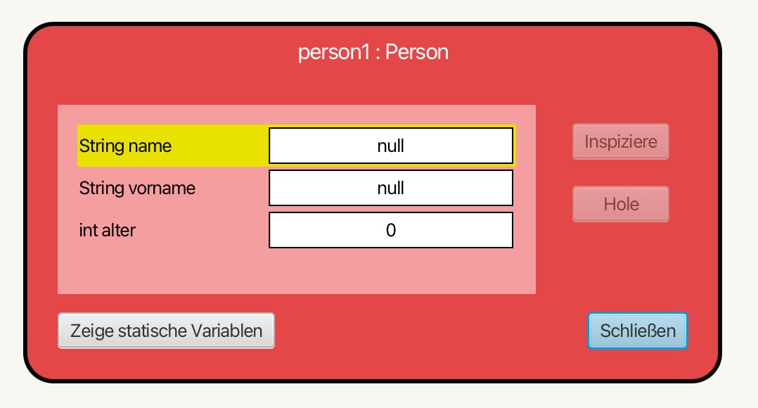 Objektinspektor mit den automatisch vergebenen Anfangswerten der Instanzvariablen