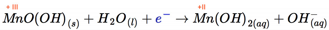 Mn(III)O(OH) + H2O + e- ==> Mn(II)(OH)2 + OH-