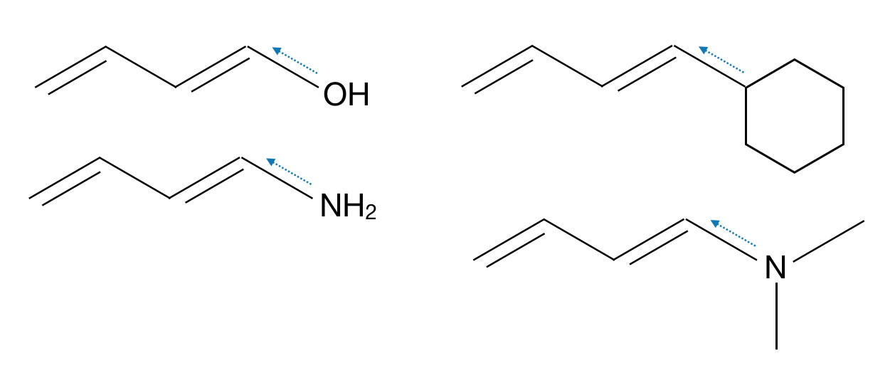 Vier Beispiele für auxochrome Gruppen: -OH, -NH2, -Phe, -NR2
