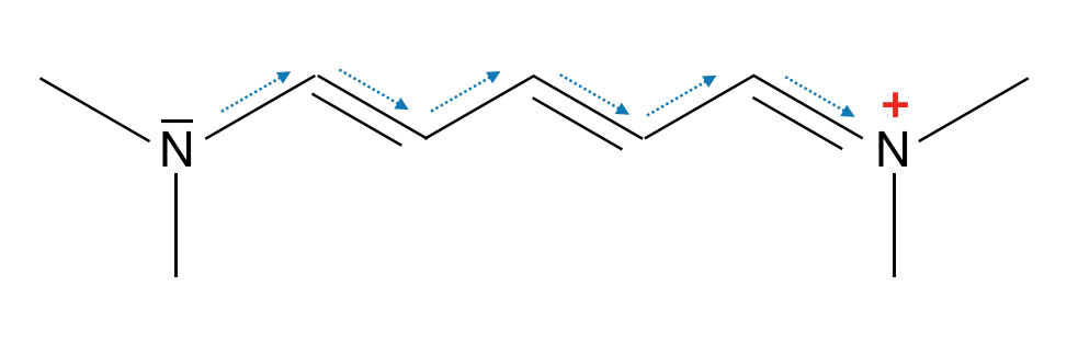 Ein Cyanin mit 5 C-Atomen und 3 Doppelbindungen, links eine NR2-Gruppe, rechts eine NR2+-Gruppe.