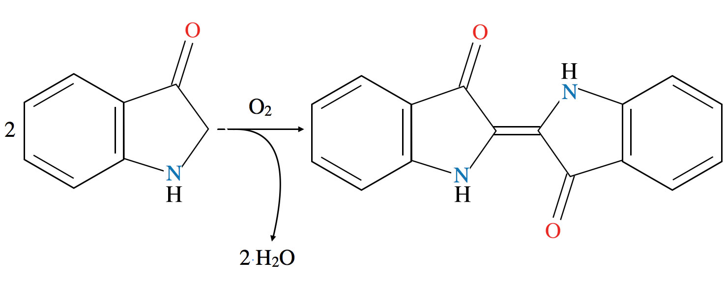 Oxidation des Indoxyls zu Indigo. Dabei wird ein O2-Molekül benötigt, und zwei Wasser-Moleküle werden freigesetzt.