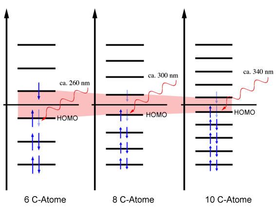 In der Zeichnung sieht man drei Energiediagramme nebeneinander: Ein Energiediagramm für Hexatrien, also eine Verbindung mit 6 C-Atomen, dann ein Diagramm für 8 C-Atome und schließlich ein Diagramm mit 10 C-Atomen. Die Zahl der MOs steigt entsprechend von 6 auf 8 auf 10, dabei wird der Abstand zwischen den MOs immer geringer. Ein roter Pfeil symbolisiert einfallendes UV-Licht, welches ein Elektron des jeweiligen HOMOs anregt. Die dazu erforderliche Wellenlänge steigt von 260 nm auf 300 nm bzw. 340 nm.