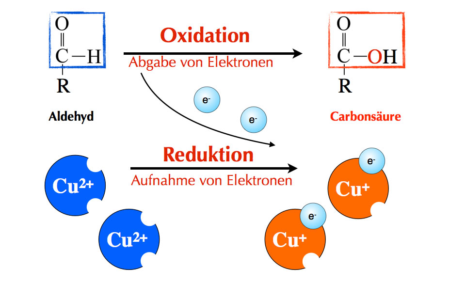 Reaktionsschema für die Fehling-Probe mit einem Aldehyd und Cu2+-Ionen