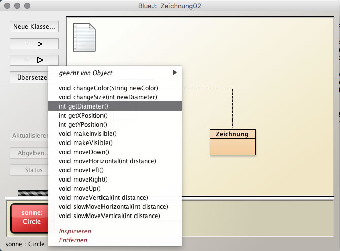 Das Projekt mit dem Objekt sonne. Es wurde die rechte Maustaste geklickt, und man sieht das Kontextmenü von 'sonne' mit allen öffentlichen Methoden. Auch die drei neuen Methoden getDiameter(), getXPosition() und getYPosition() sind zu sehen.