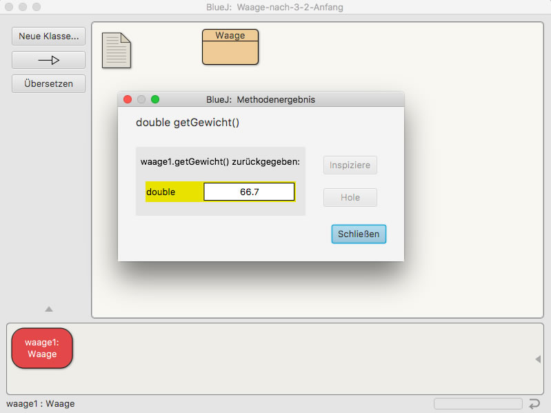 Nach einem Doppelklick auf den Objektkasten 'waage1' erscheint ein Fenster mit dem Methodenergebnis. Es wird der Rckgabewert der Methode gibGewicht() angezeigt, nmlich 66.7.