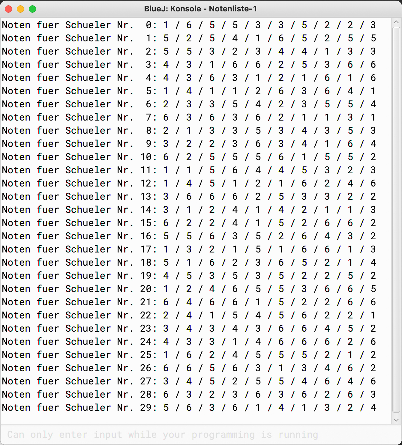 Ausgabe der Klasse Noten in der Konsole